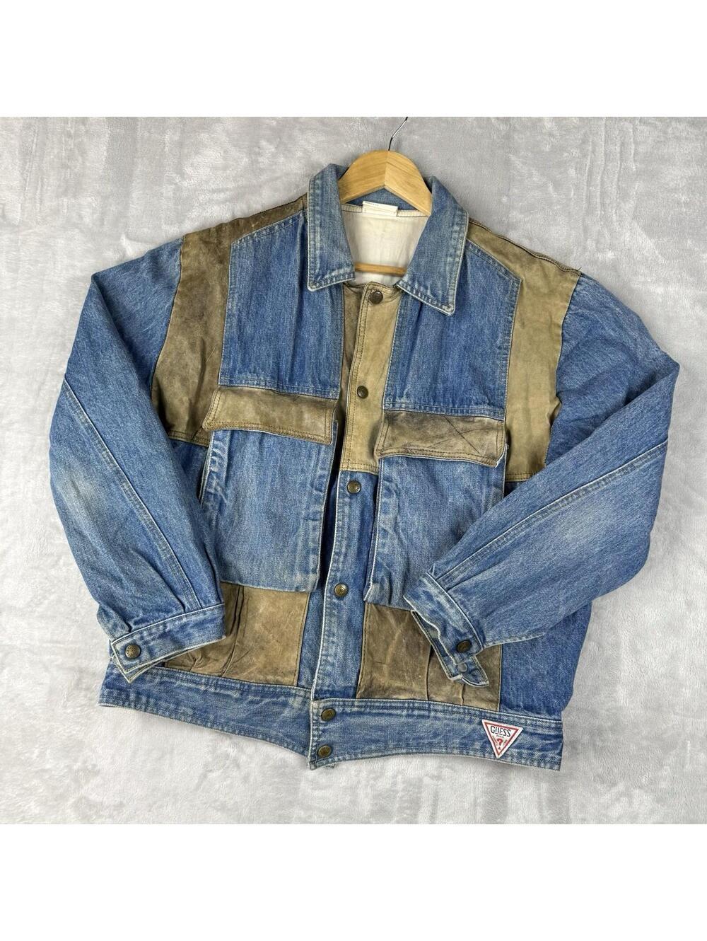 Vintage Guess Georges Marciano Denim Jacket Leather Patchwork Blue USA Mens L